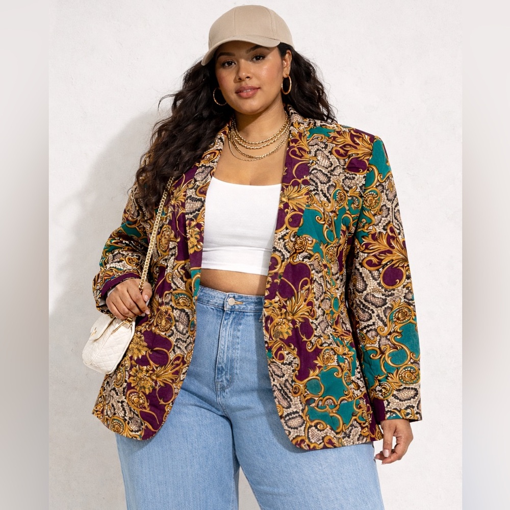 Vintage silk multicolor power dressing 80's blazer size 18 W baroque